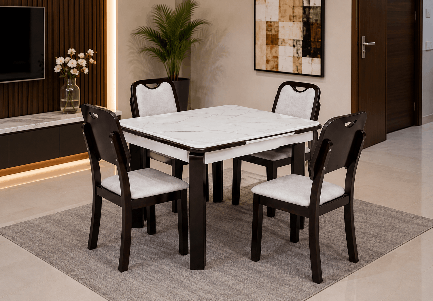 Woodsman Marble Dining Set: Dark Walnut Brown & Marble White