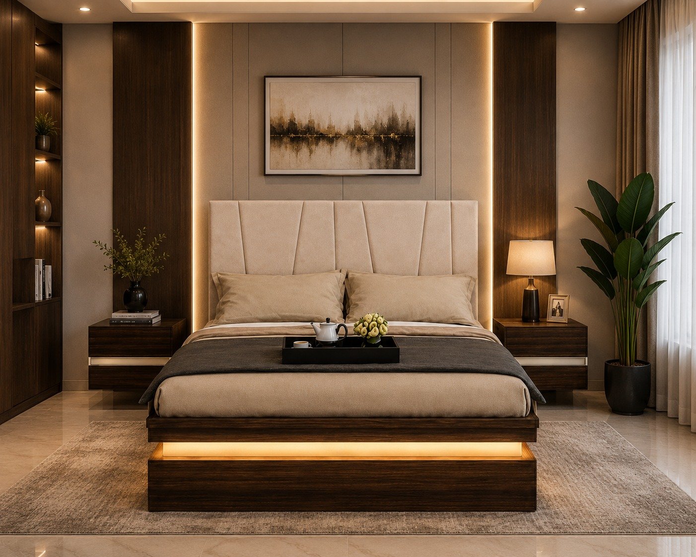 Woodsman King Size Bed KB-01 – Dark Walnut & Ivory