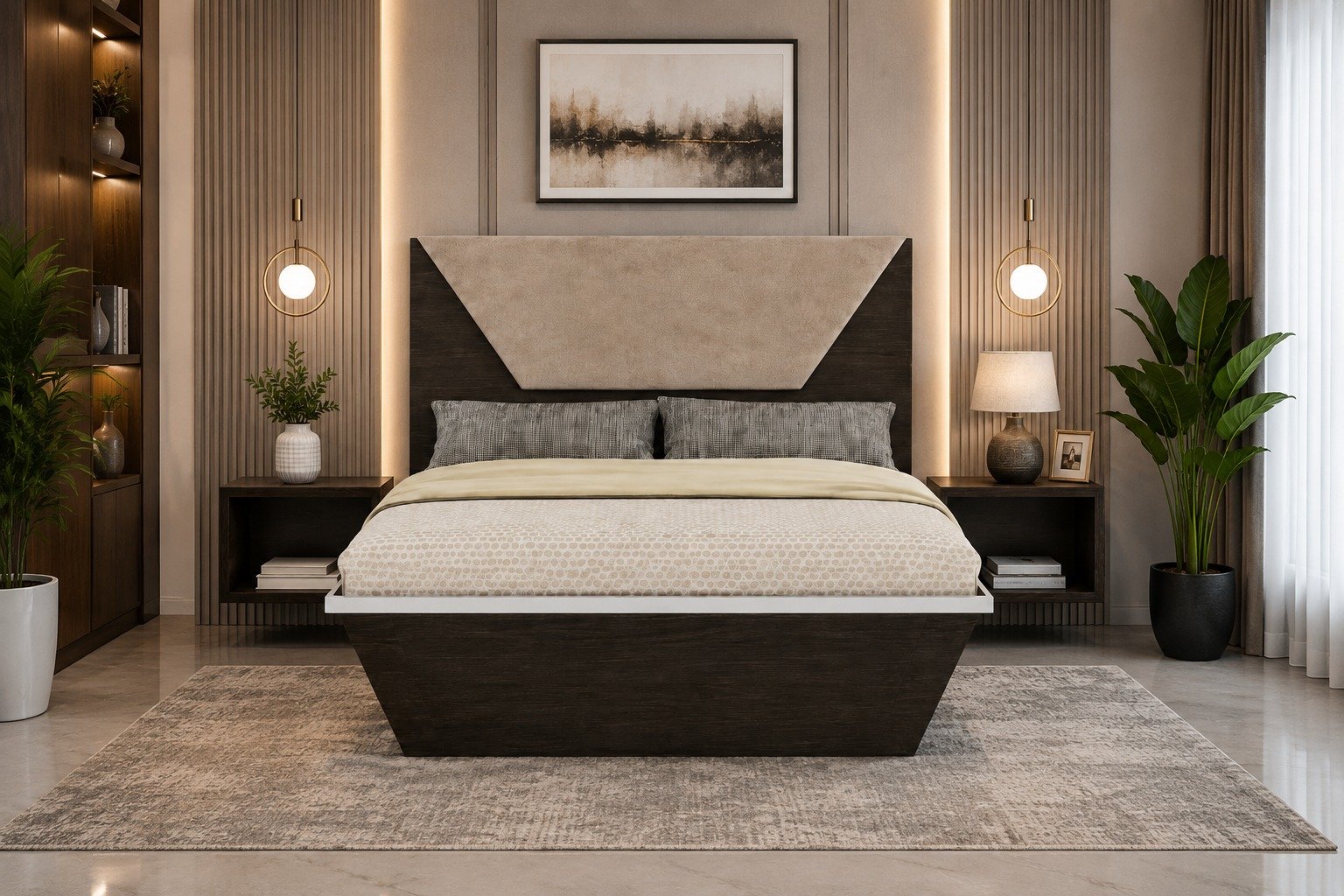 Woodsman Queen Size Bed – Dark Walnut & Warm Beige