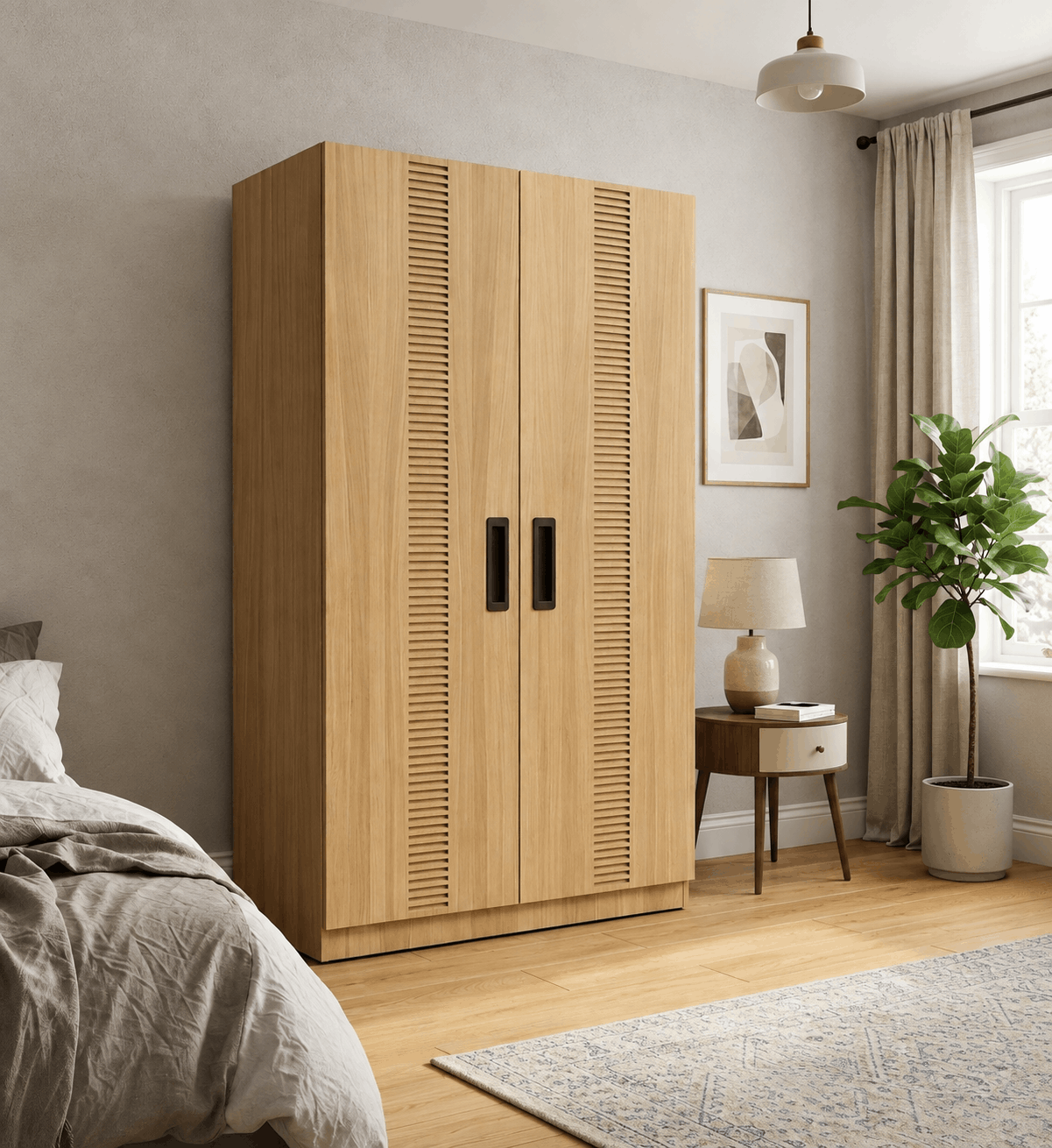 Modern Design 2 Door Wardrobe with Drawers – Honey Oak with Chocolate Accents image 4