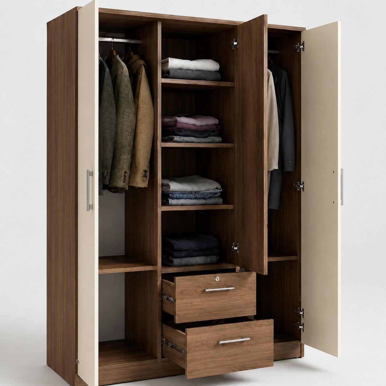 Modern Design 3 Door Wardrobe with Drawers – Cream & Walnut image 4
